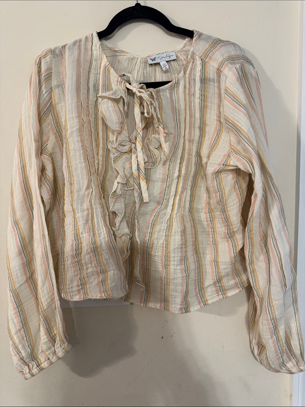 Jessica Simpson Cream Multistripe Ruffle Tie-Neck Blouse